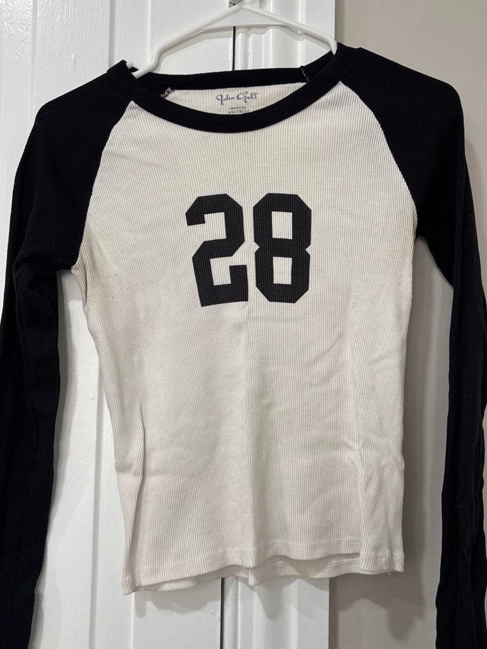 Brandy Melville White and Black Raglan Long Sleeve Tee with '28' Graphic